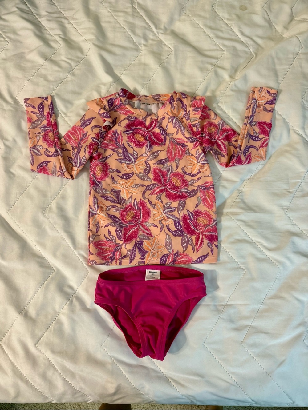 Old Navy Peach Floral Long-Sleeve Rashguard with Bright Pink Swim Bottoms